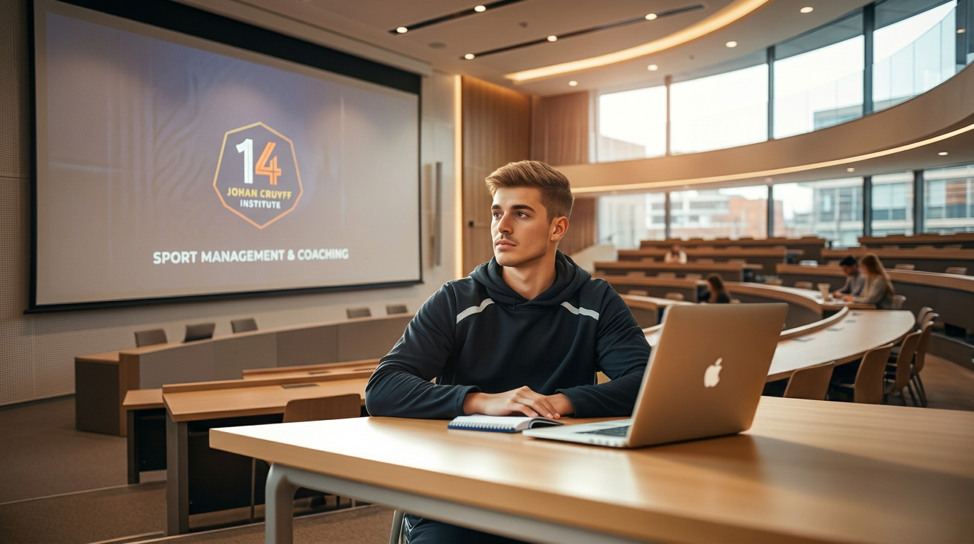 Student-athlete in een klaslokaal met een laptop en tactiekbord