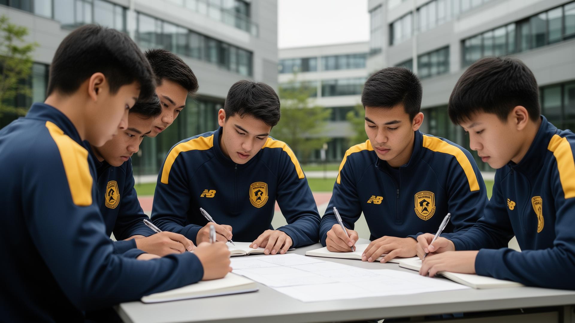 Talent World FC student studeert geconcentreerd achter laptop in branded klaslokaal