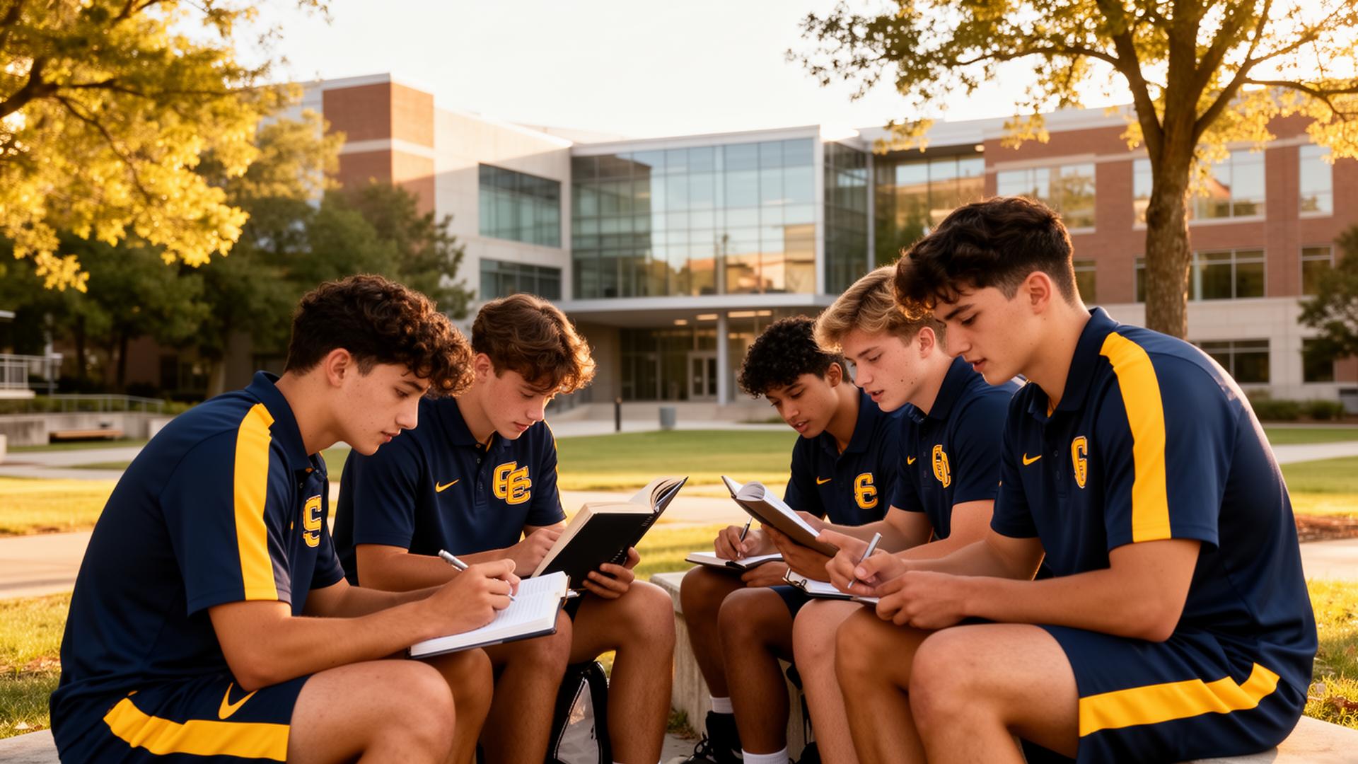 Student-athlete werkt aan een studieopdracht in de tuin met een bal onder de voet